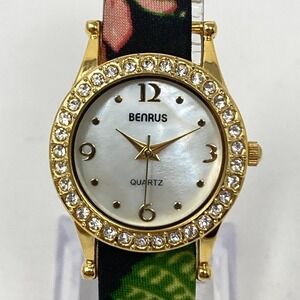 Benrus Watch Women Gold Tone 27mm Pave Crystal Bling Vera Bradley Band New Batt